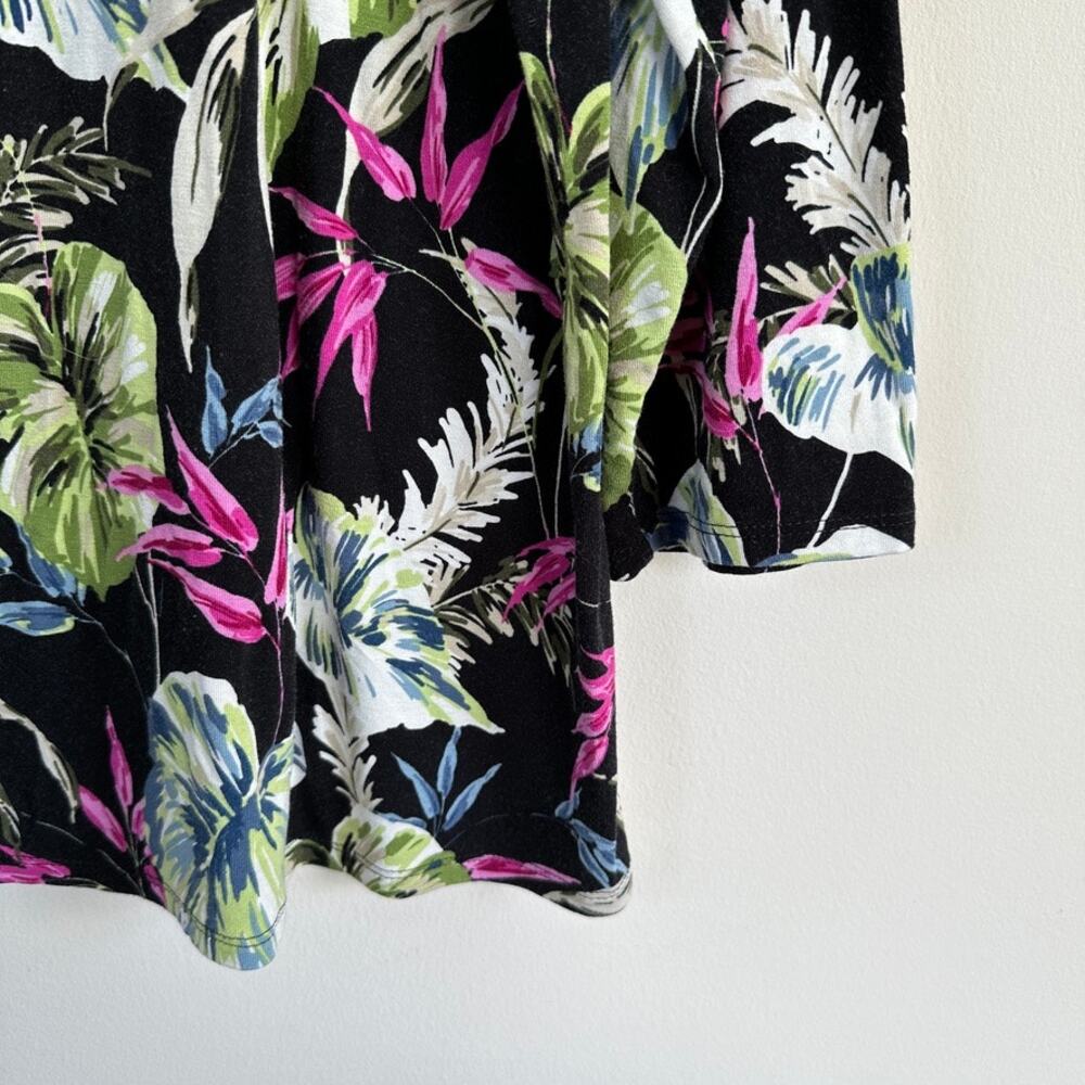 J. Jill Wearever Boat Neck Top 3/4 Sleeve Floral Tropical Leaf Print Black LARGE - Picture 3 of 10